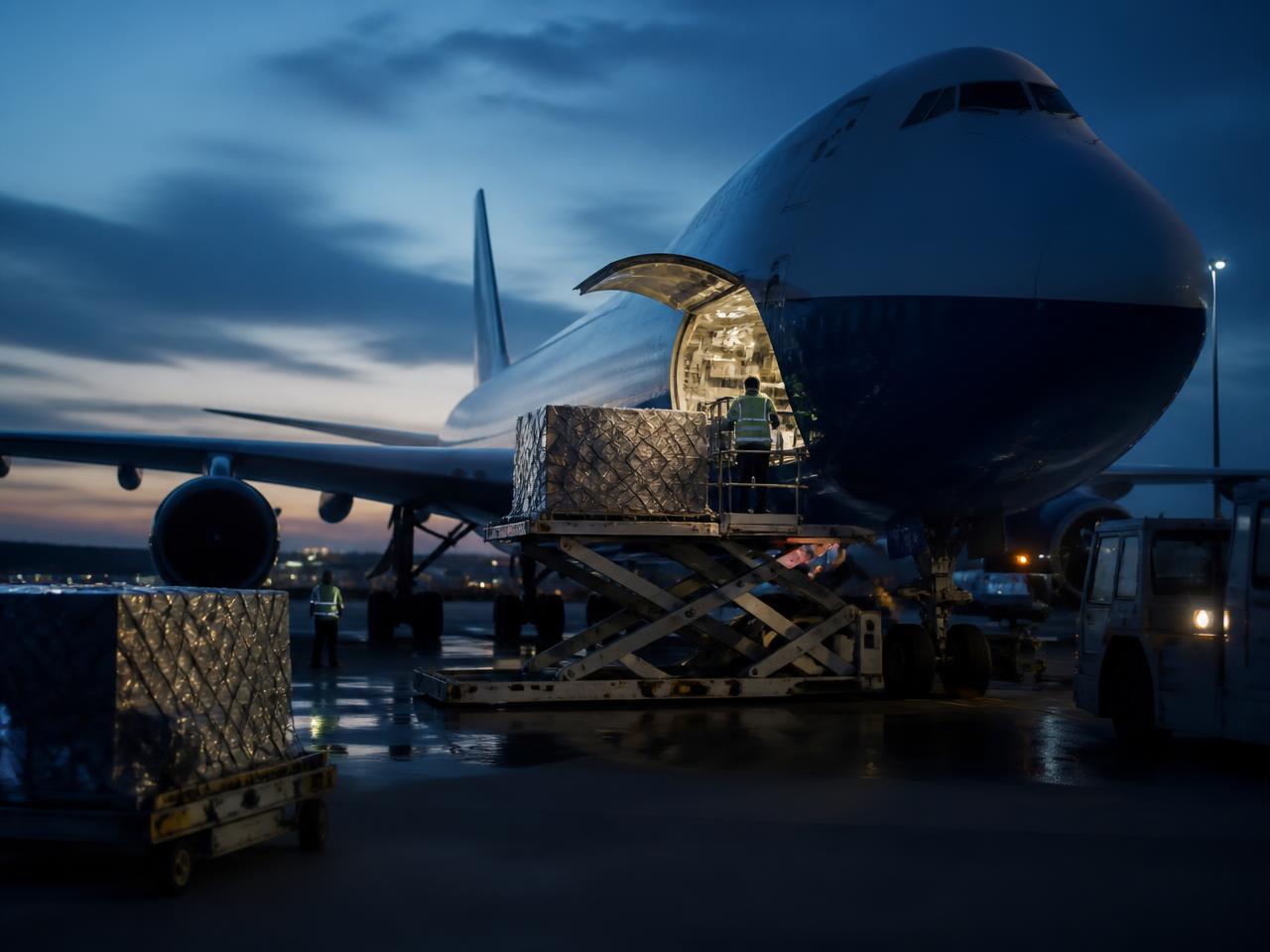 Air cargo pallets being loaded into a freighter aircraft at dusk