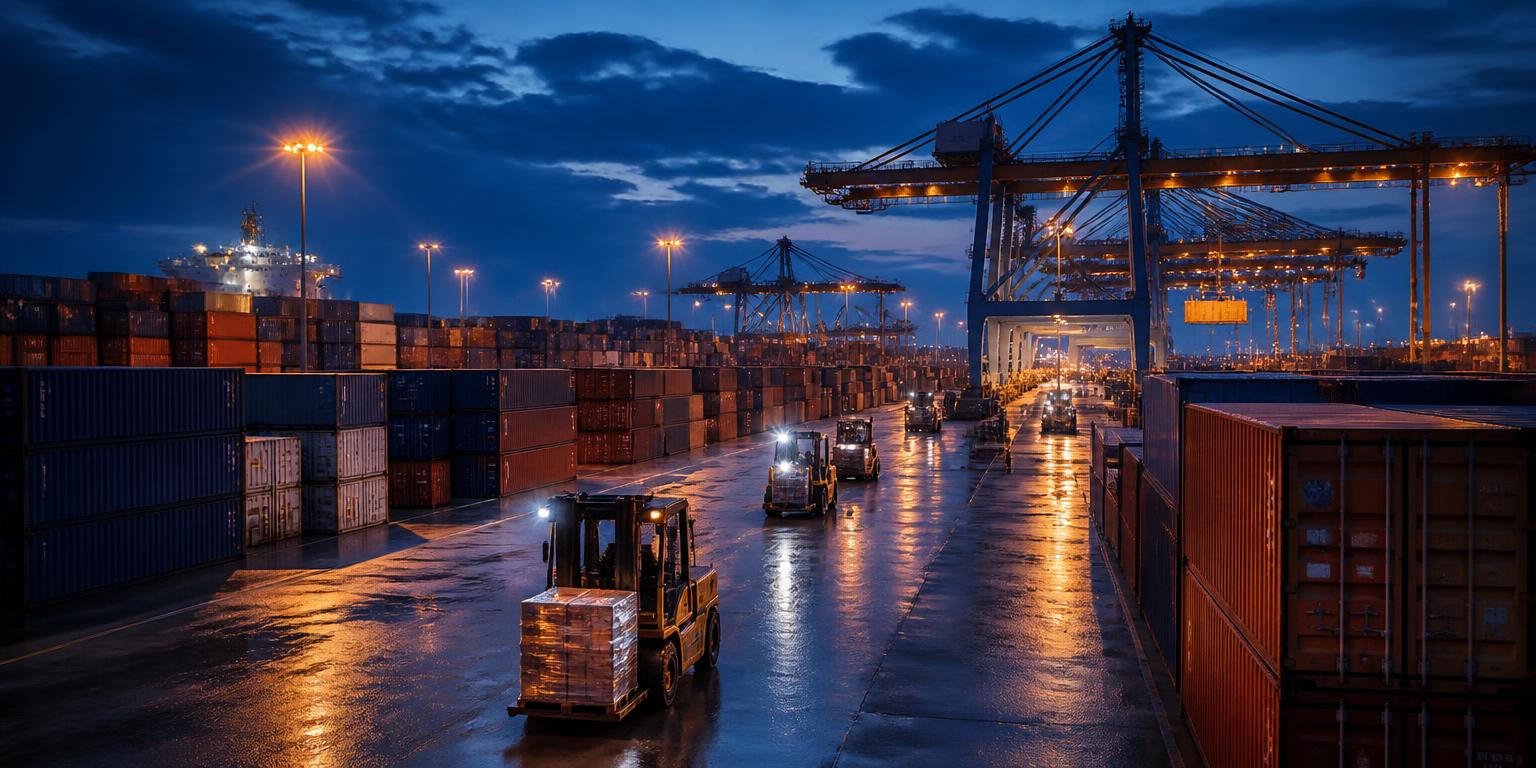 Container yard and forklifts working at a modern logistics hub at twilight